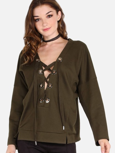 Plunging Bat Wing Lace Up Pullover Top OLIVE