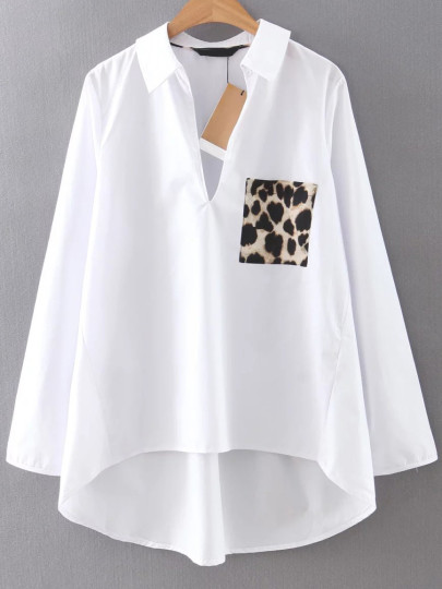 Dip Hem Blouse With Leopard Pocket