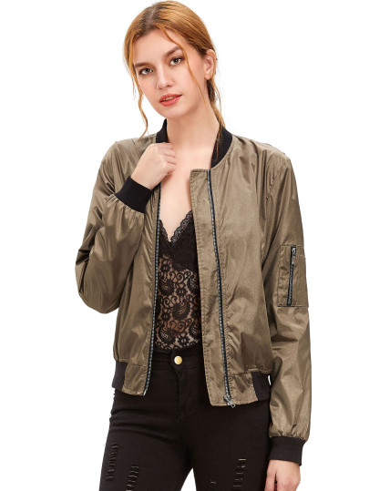 Army Green Long Sleeve Zipper Pockets Jacket