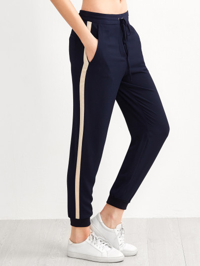 Pantaloni Con Coulisse Orlo A Costine A Strisce - Marino