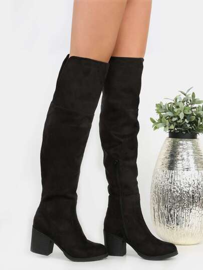 Over the Knee Stacked Heel Boots BLACK