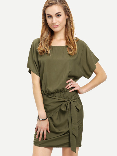 Robe asymétrique col rond avec cordon - vert kaki