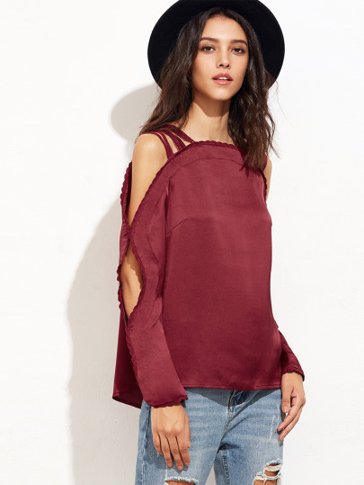 Burgundy Lace Trim Strappy Cold Shoulder Satin Top