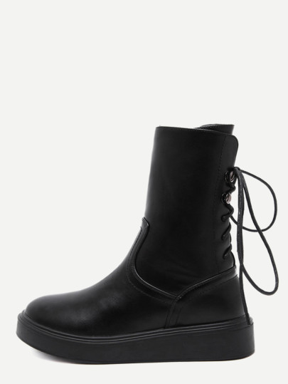 Black Faux Leather Tie Back Side Zipper Short Boots