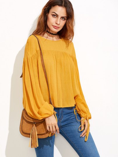 Lantern Sleeve Drawstring Cuff Blouse