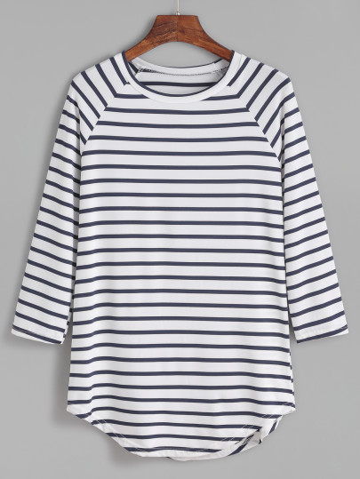 Contrast Striped Raglan Sleeve Curved Hem T-shirt