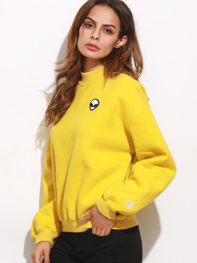 Mock Neck Drop Shoulder Embroidered Sweatshirt