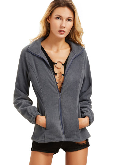 Grey High Neck Zipper Outerwear