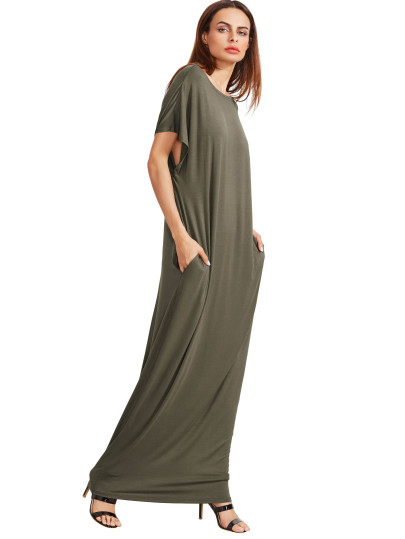 Vert olive à manches courtes Maj Maxi robe avec Pocket