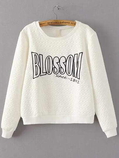 White Letter Embroidery Textured Sweatshirt