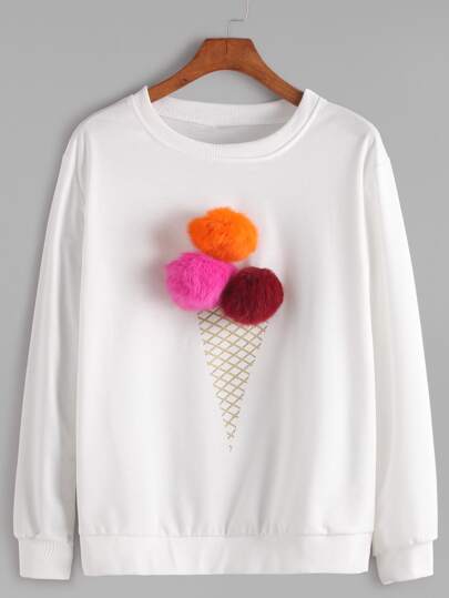 White Round Neck Pom Pom Sweatshirt