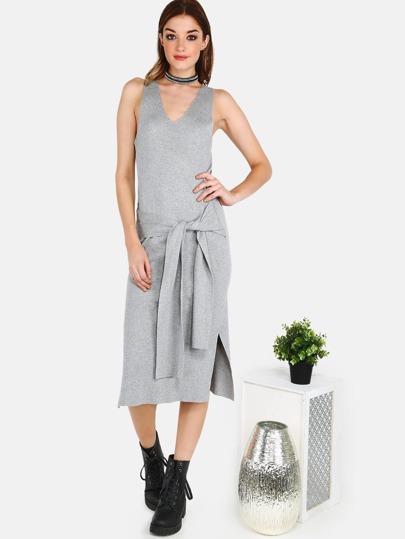 Rib Knit Waist Tie Dress GREY