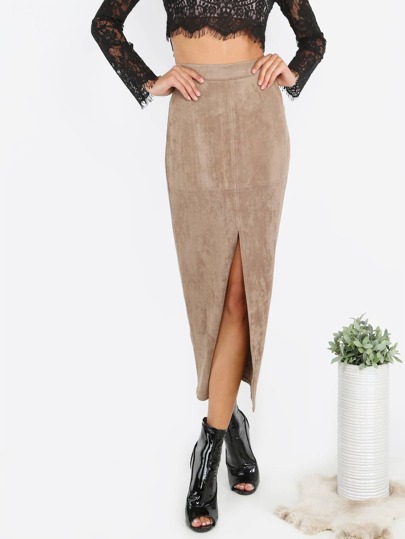 Suede Slit Front Pencil Skirt