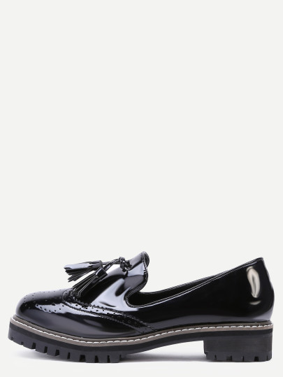 Black Wingtip Patent Leather Tassel Trim Loafers