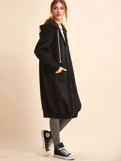 Sudadera larga con capucha y bolsillo - negro