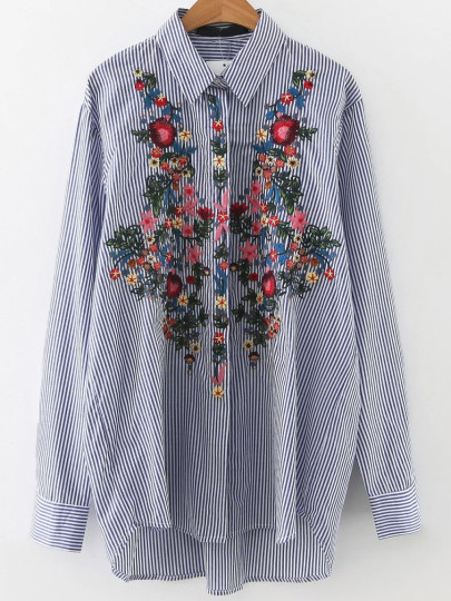 Blusa asimétrica a rayas con bordado floral - azul