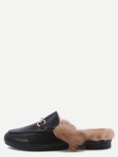 Black Faux Leather Fur Lined Slippers