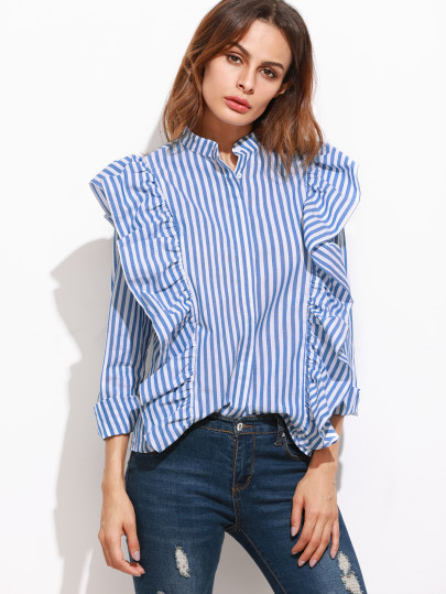 Blue Vertical Striped Hidden Button Ruffle Blouse