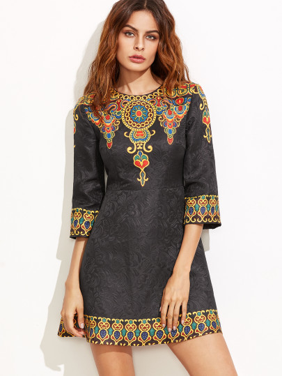 Retro Print A Line Jacquard Dress