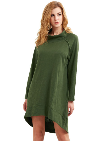 Green Blue Cowl Neck Long Sleeve High Low Dress