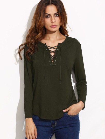T-Shirt Maniche Lunghe Con Lacci - Verde Militare