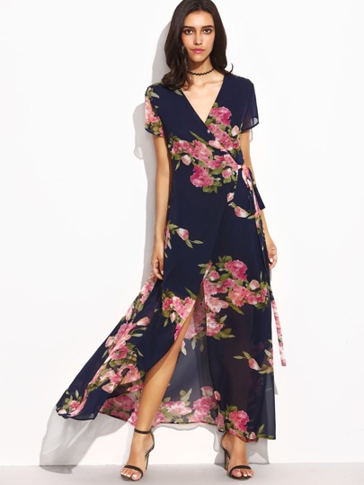 Flower Print Tie Waist High Split Wrap Dress