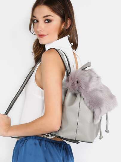 Fluffy Faux Fur Drawstring Backpack GREY