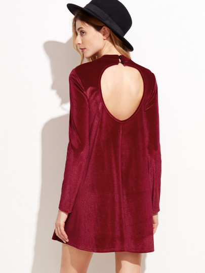 Vestito Leggero Maniche Lunghe Schiena Scoperte Di Velluto - Rosso