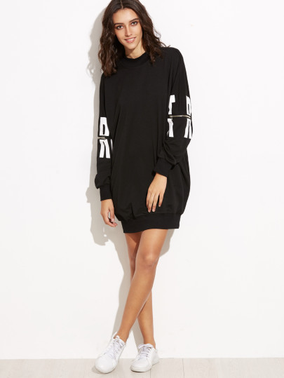 Vestido sudadera con estampado de letras y cremallera - negro