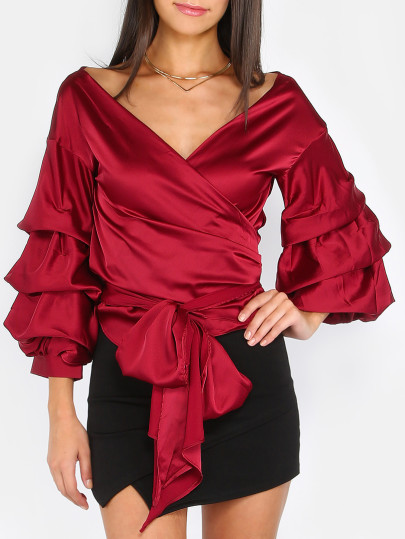 Top col V manche en tourbillon - rouge de vin