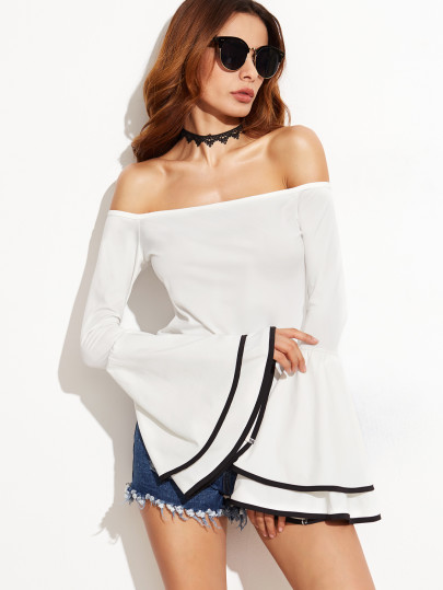 Top Spalle Scoperte Maniche A Campana - Bianco Contrasto