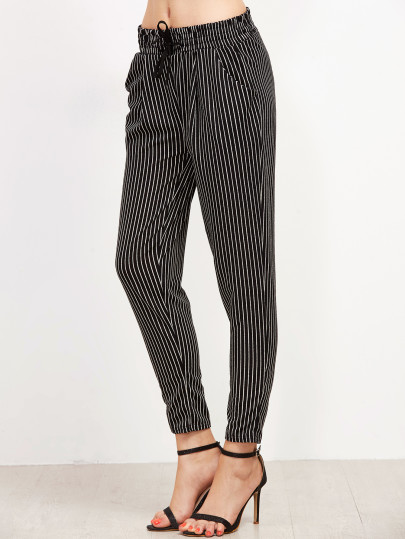 Pantalones a rayas verticales con cordón - negro
