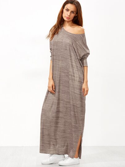 Brown Marled Knit Side Slit Maxi Dress