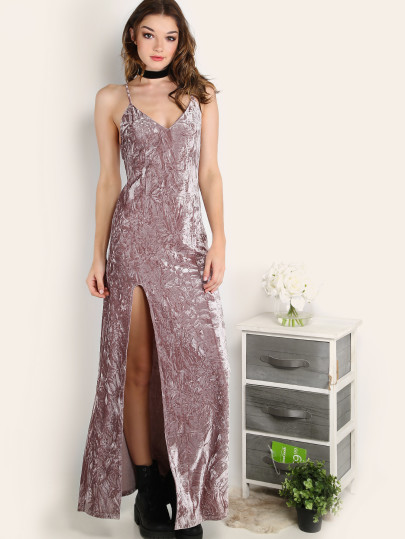 High Slit Crushed Velvet Cami Dress
