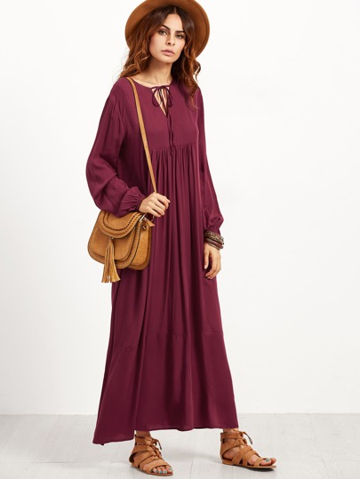 V Notch Tie Neck Pleated Maxi Peasant Dress