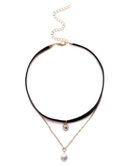 Anhänger geschichteten Halsband Strass und Kunstpelz-schwarz