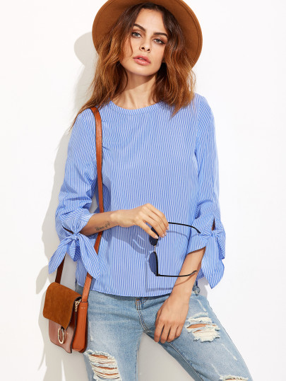 Pinstripe Tie Sleeve Dip Hem Blouse