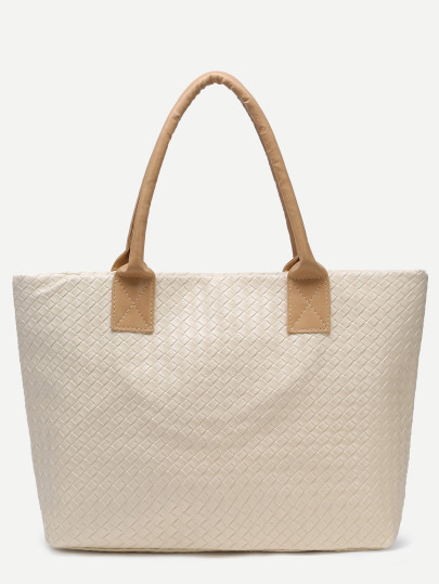 Beige Woven PU Tote Bag