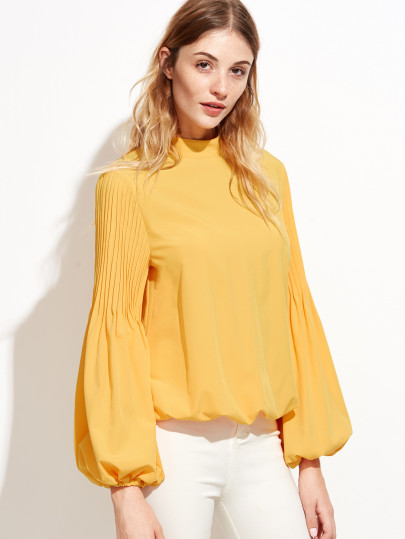 Keyhole Mock Neck Pleated Lantern Sleeve Blouse