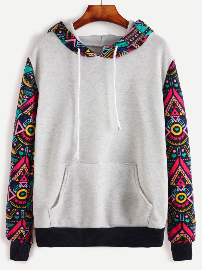 Sudadera con capucha de manga en contraste - gris