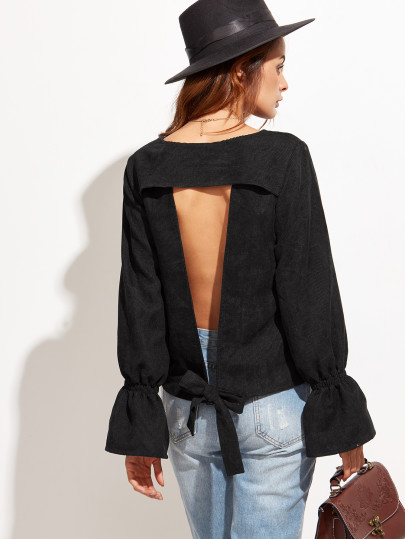 Trumpet Sleeve Tied Open Back Corduroy Blouse