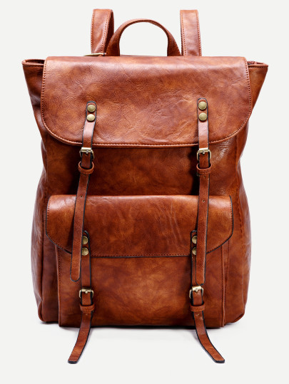 Khaki PU Flap Pocket Backpack