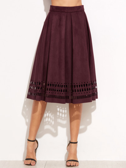 Maroon Suede Laser Cutout Circle Skirt
