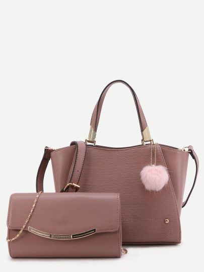 Bolso de mano convertible pu ribete con pompón con bolso de cadena - cameo marrón