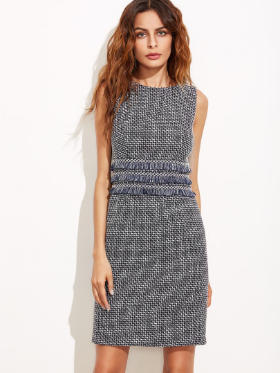 Vestido ajustado de tweed con flecos - azul marino