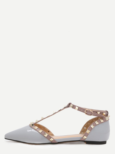 Grey Faux Patent Studded T-Strap Flats
