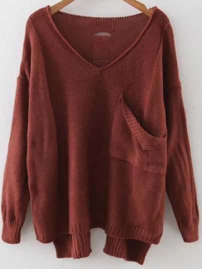 Maglione Scollo V Spalle Cascanti Con Orlo Tasche - Marrone