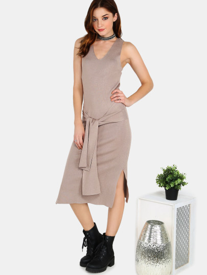 Tieable Waist Rib Knit Midi Dress TAUPE