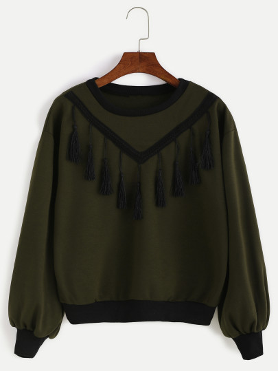Sweat-shirt manv lanterne avec frange - vert foncé