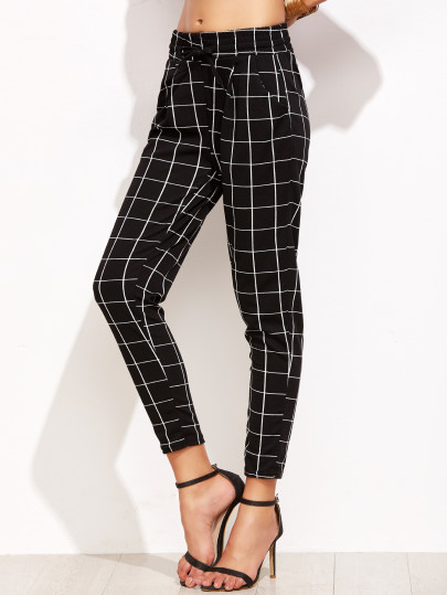 Grid Print Drawstring Peg Pants